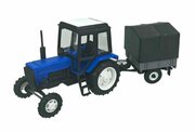 Игрушка машинка Трактор МТЗ-82 (пластик 2х цвет. сине-черный) с прицепом с/х тент 1:43 160062