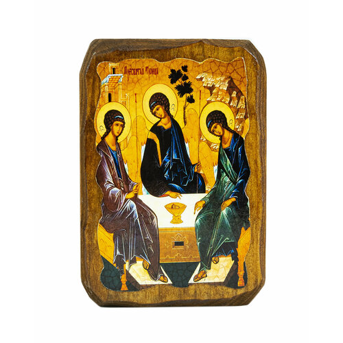 Икона под старину на состаренном дереве Пресвятая Троица 10х7 см