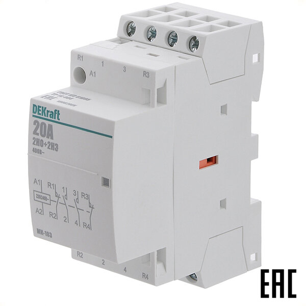 Контактор модульный МК103-020A-230B-22 18062DEK 20А 2з+2р 230В на Din-рейку DEKraft