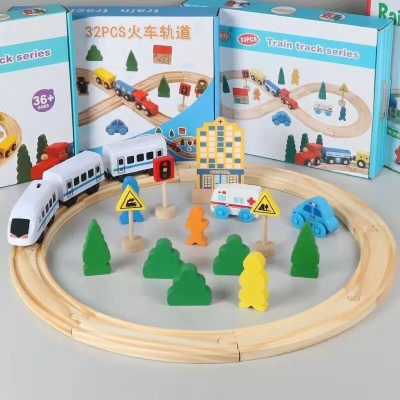 Деревянная железная дорога 26 деталей с поездом на батарейках развивающая игрушка для детей от 3-х лет деревянный конструктор для мальчиков