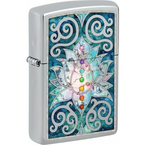 Зажигалка ZIPPO Lotus Flower с покрытием High Polish Chrome, латунь/сталь, серебристая, 38x13x57 мм