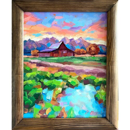 Деревенский пейзаж картина маслом в раме 34x42см ручная работа авторская живопись деревня