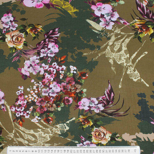 Ткань для шитья, 100% вискоза цвета хаки с цветочным принтом