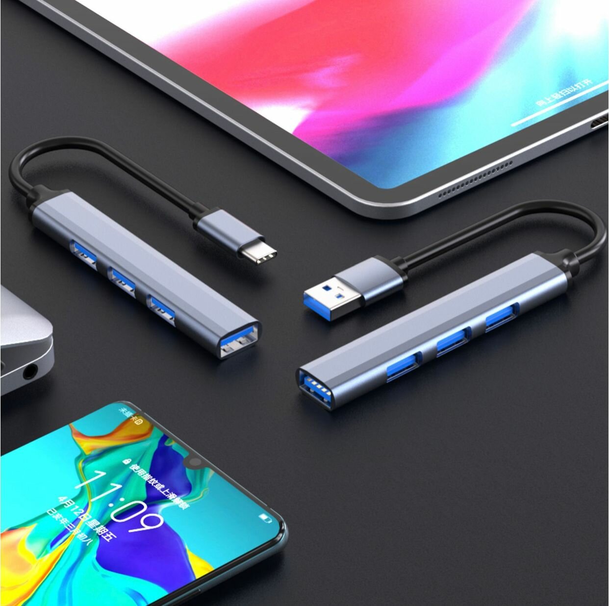 "Разветвитель для MacBook и ноутбуков" - 4 порта USB / HUB Type C на 4 USB/Серый — фото 3