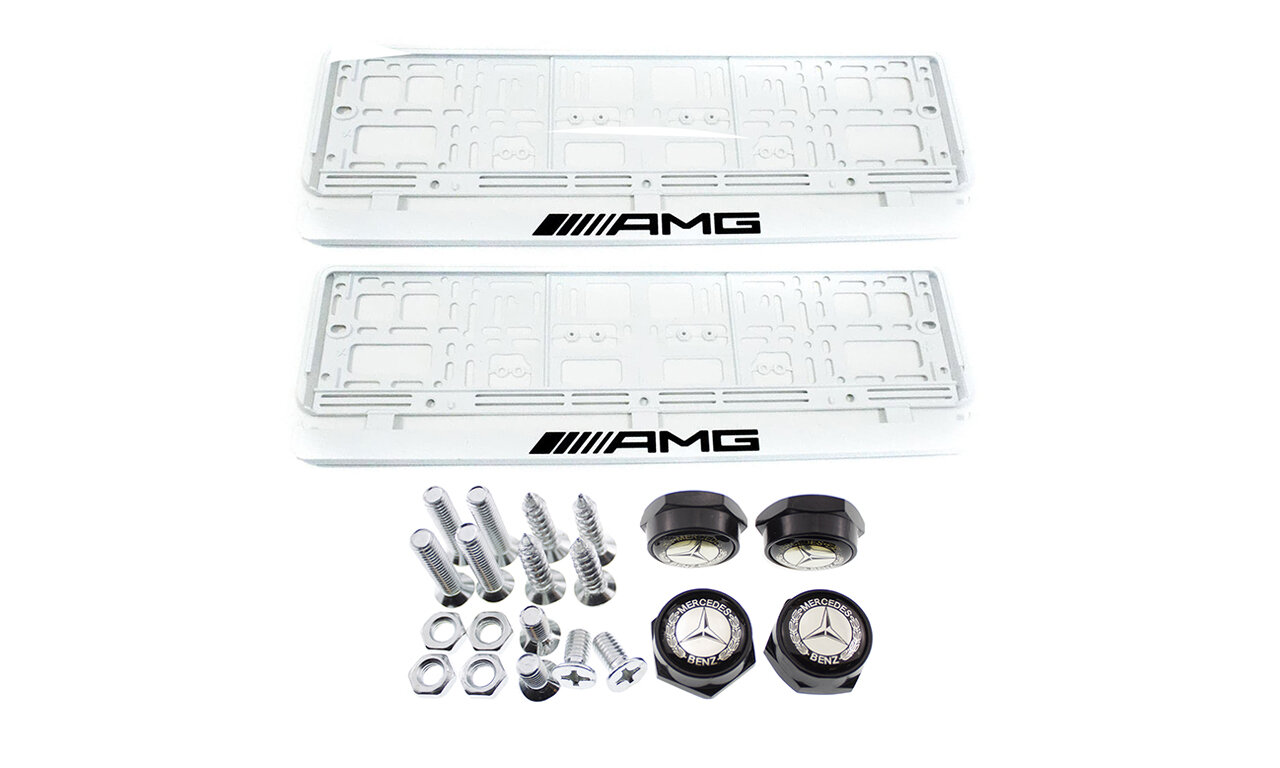 Комплект: пластиковая рамка для гос. номера AMG Белый 2шт. плюс болты для номерных знаков Mercedes черные 4шт.