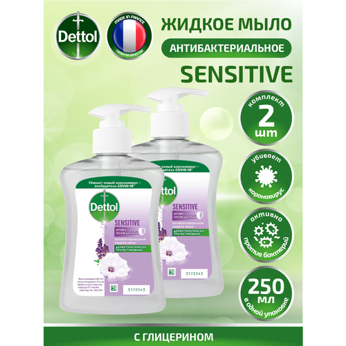 Антибактериальное жидкое мыло для рук Dettol для чувствительной кожи глицерин 250мл х 2 шт dettol мыло твердое для рук антибактериальное 100г х 2шт индонезия