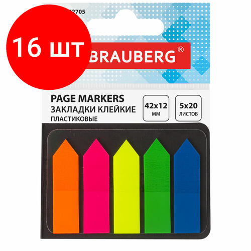 Комплект 16 шт, Закладки клейкие BRAUBERG неоновые, пластиковые, 42х12 мм, 5 цветов х 20 листов, в картонной книжке, 122705