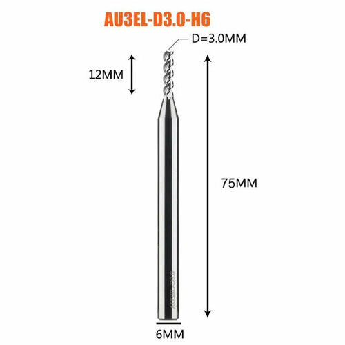 Dreanique концевая трехзаходная фреза по алюминию для чпу (3х12х75х6 Z3) AU3EL-D3.0-H6 11319