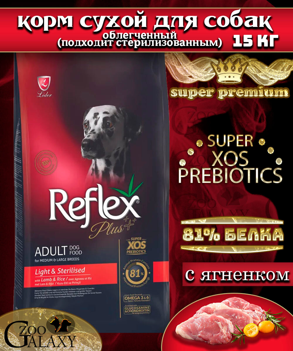 REFLEX PLUS Сухой корм облегченный для собак ягненок и рис 15 кг