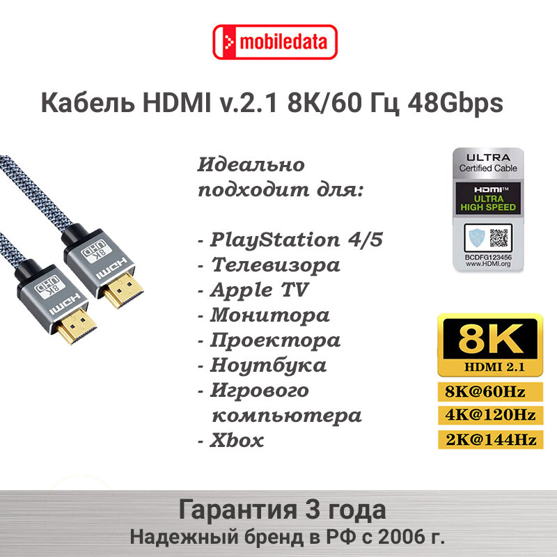 Кабель Mobiledata HDMI/HDMI 8К, 3м, серый - фото №2
