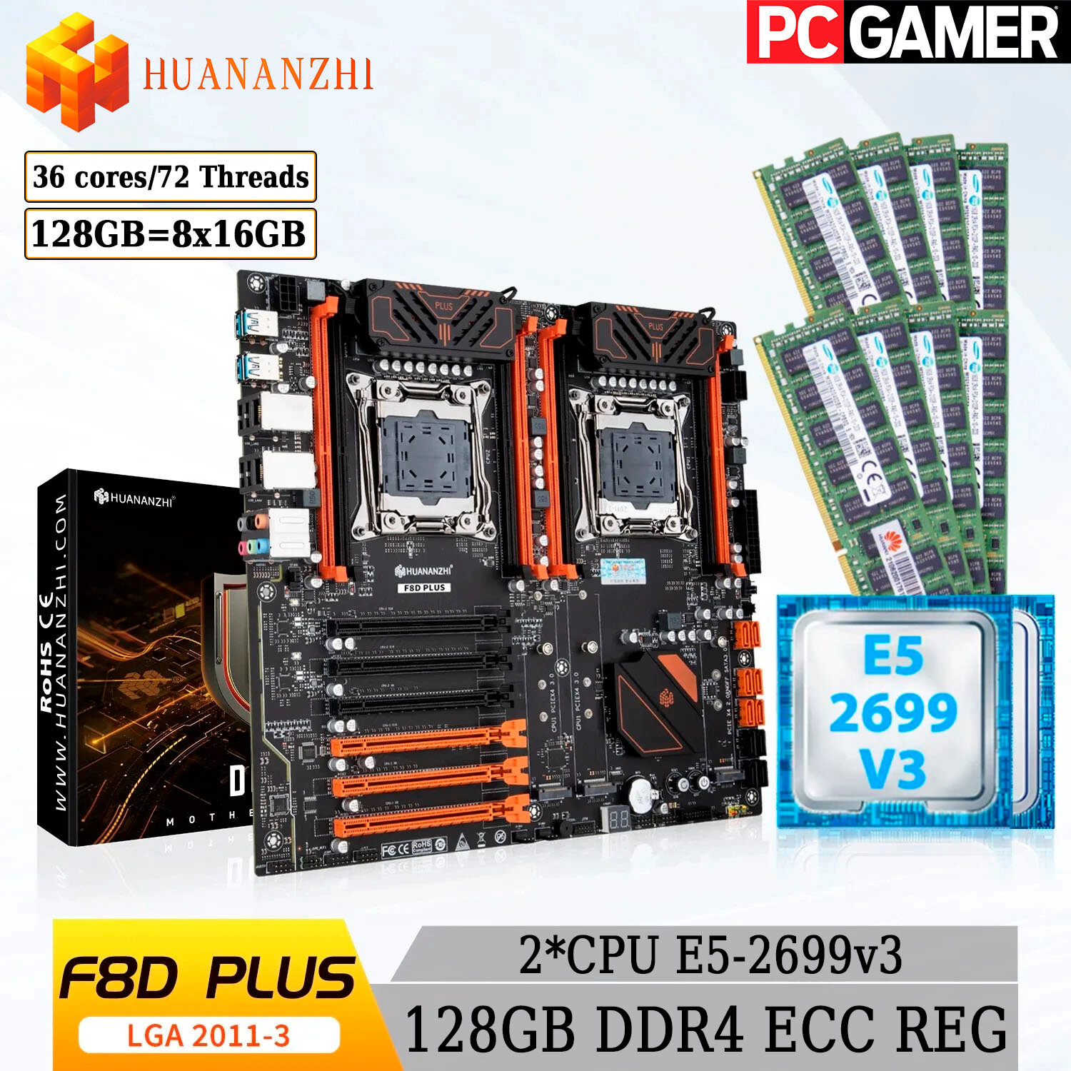 Комплект двухпроцессорная материнская плата Huananzhi X99-F8D PLUS + 2*CPU 2699V3 + 128GB DDR4 ECC