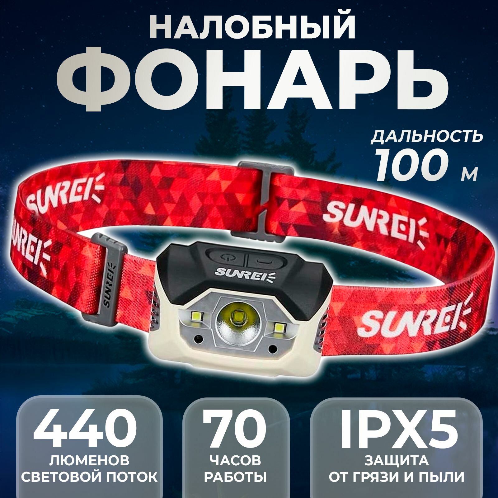 фото Фонарь налобный SUNREI Muye 1 для кемпинга, туризма, рыбалки, бега, спорта