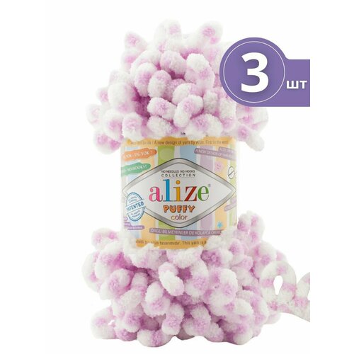 Плюшевая пряжа Alize Puffy Color (Ализе Пуффи Колор) - 3 мотка 6458 Белый / сухая роза Микрополиэстер - 100% 100г/9м
