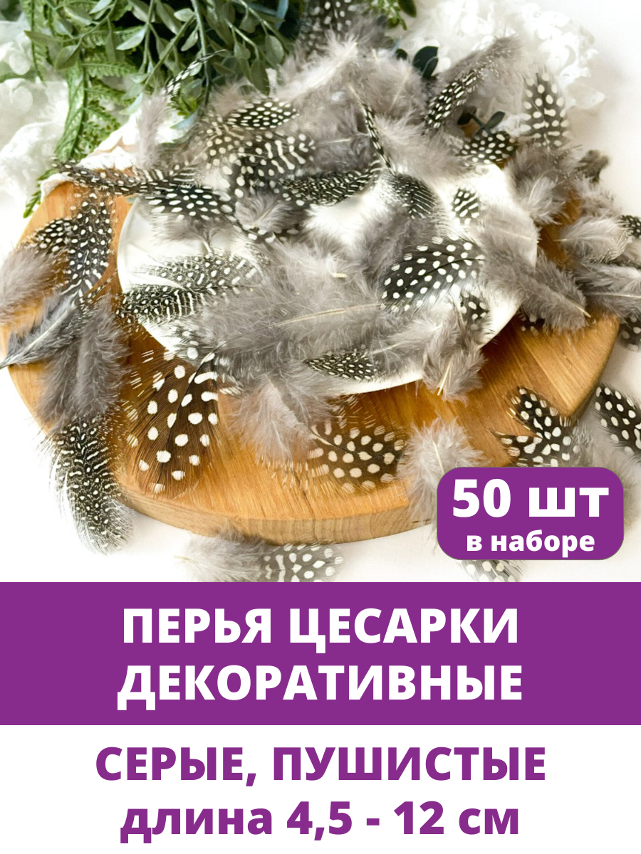 фото Перья Цесарки декоративные, для творчества, натуральные, Серые, размер 4,5 - 12 см, набор 50 шт.