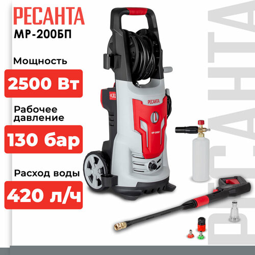 Мойка высокого давления РЕСАНТА МР-200БП, 200 бар, 420 л/ч белый, черный, красный, серый, бесцветный