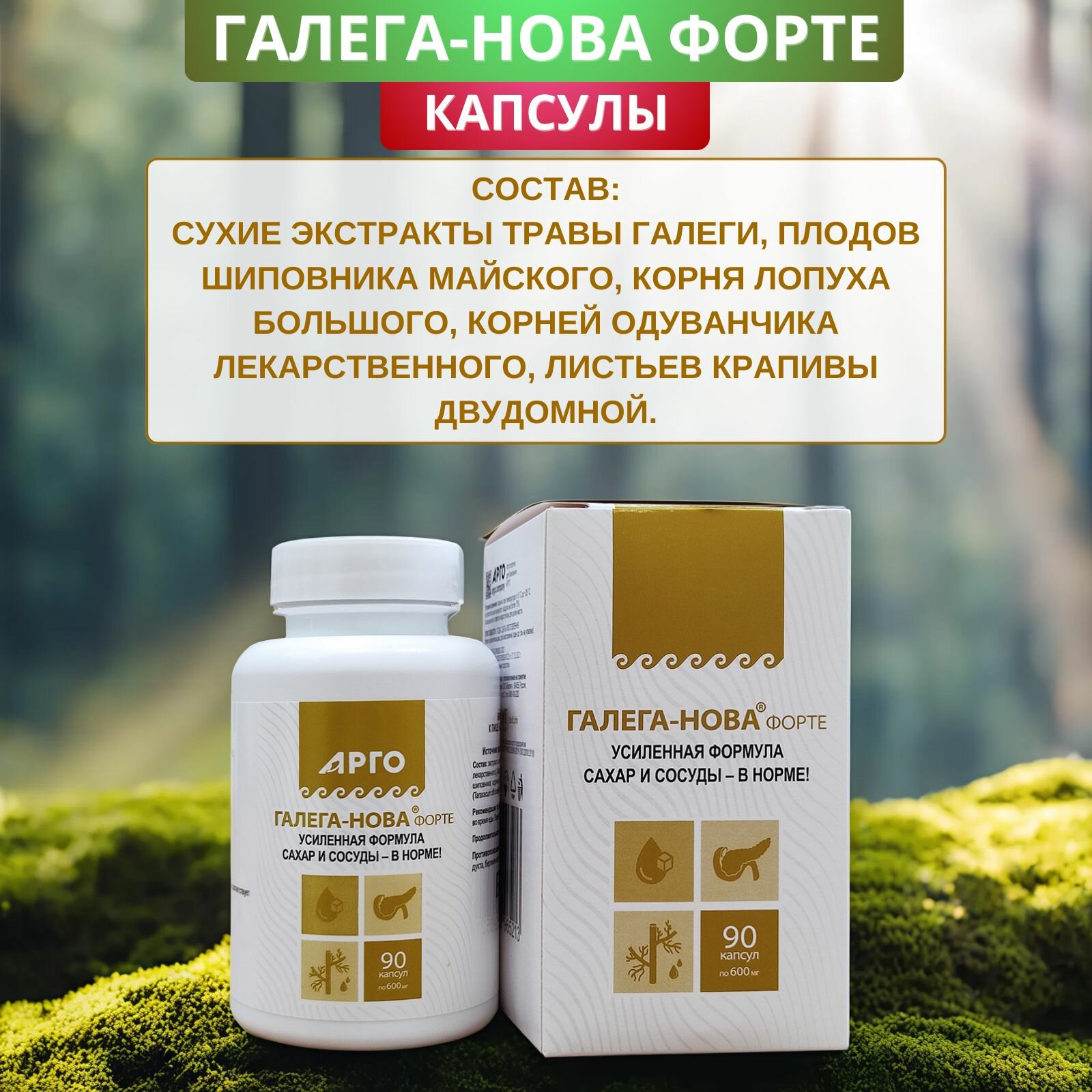 Изображение Галега-Нова-форте от Арго при сахарном диабете и варикозе, капсулы, 90 шт.