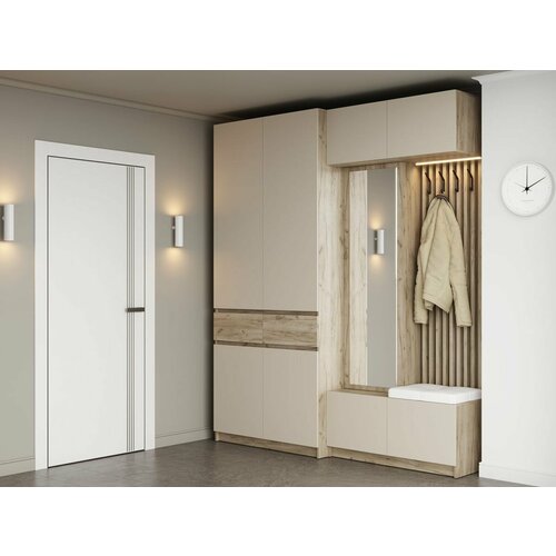 Прихожая комплект Бостон с полками с ящиками со штангой с вешалкой 200х51х236 см Дуб Крафт серый Кашемир Белый экокожа 47020₽