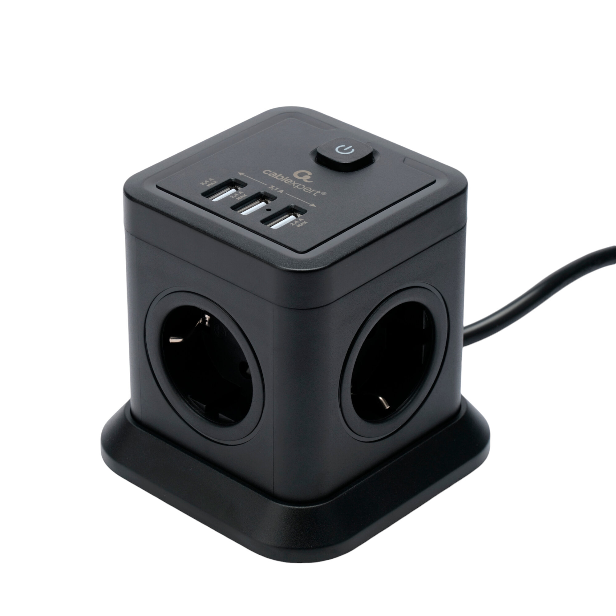 Сетевой фильтр Cablexpert Tower 4 розетки 10А 3xUSB 3.1А 3 метра уровень защиты 2+ черный