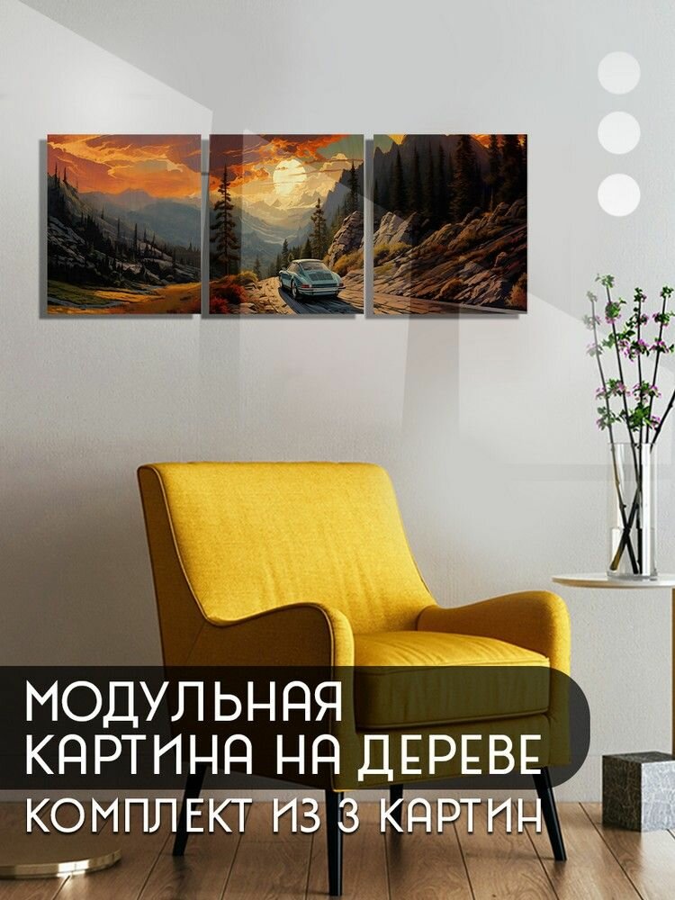 Модульная картина на дереве 66x24 см квадратные Природа Пейзаж (Красота, горы, машина, иллюстрация) - 824
