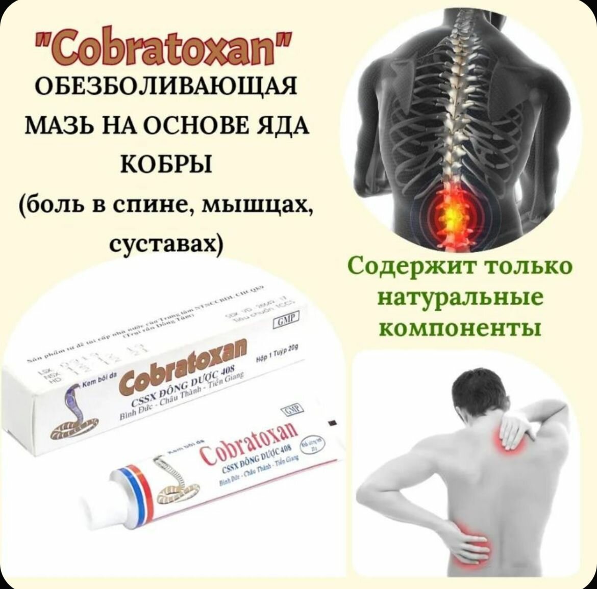 Мазь Cobratoxan ( Кобратоксан), обезболивающая мазь, на основе змеиного яда, 20г, Вьетнам — фото 1