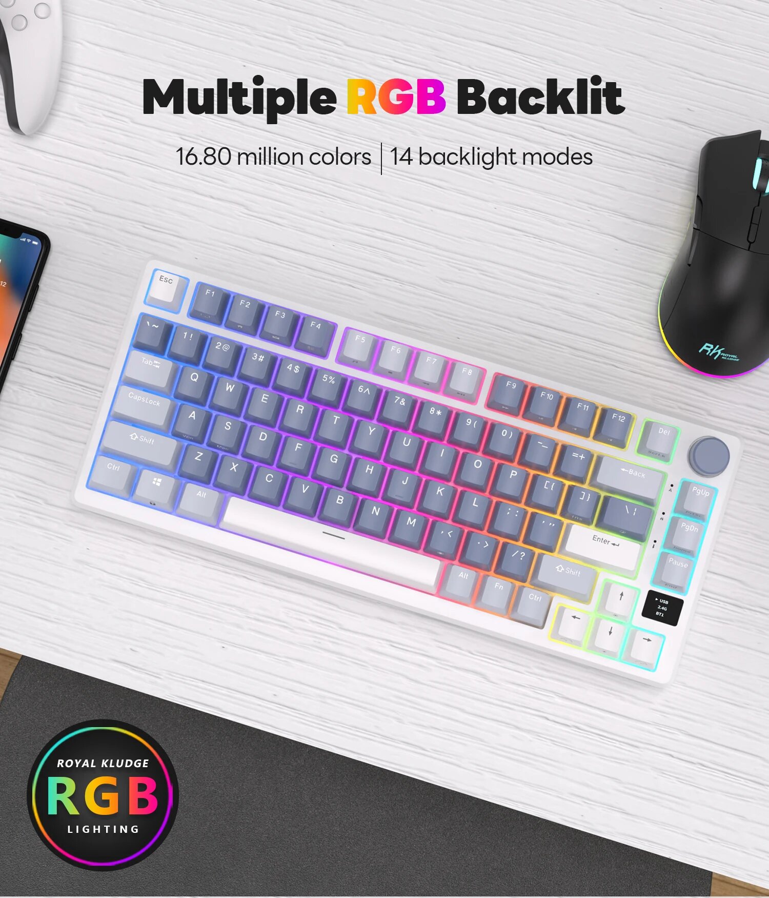Клавиатура Royal Kludge RK-M75 Taro milk (USB/2.4 GHz/Bluetоoth, RGB, Hot Swap, Brown switch) — фото 1