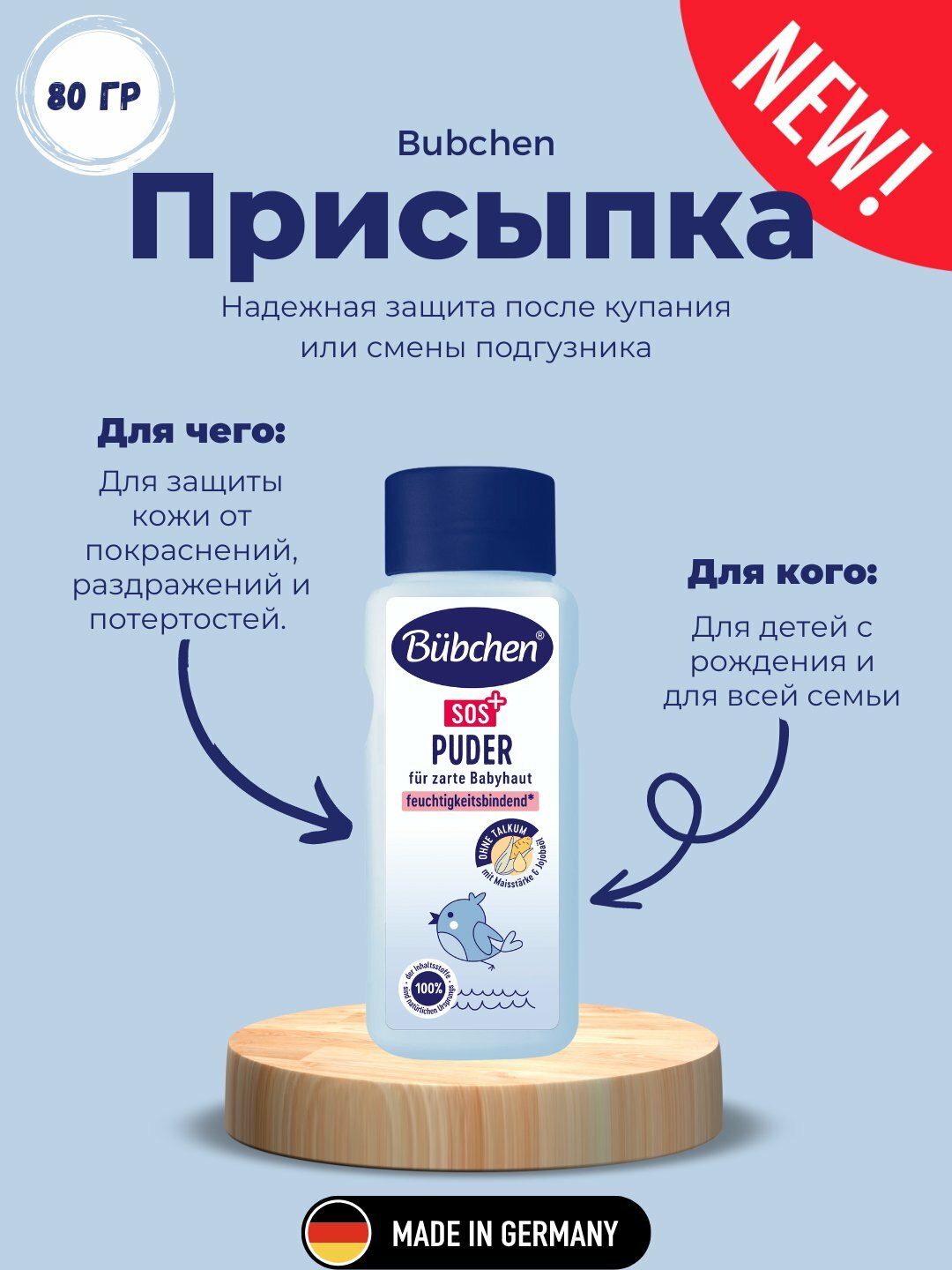 Детская присыпка Bubchen SOS, без отдушек, для чувствительной кожи, гипоаллергенная, 80г — фото 1