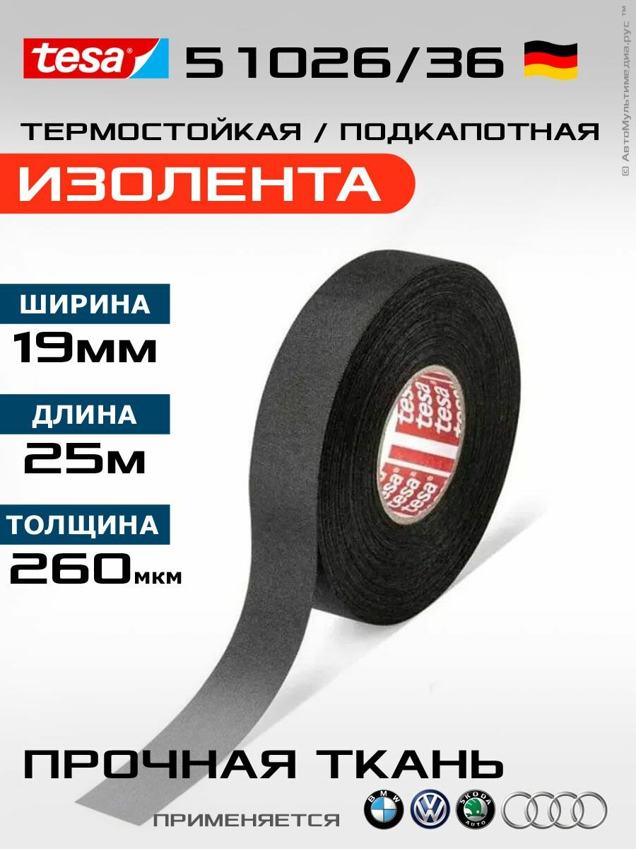 Изолента Tesa 51026/36, 1шт 25 метров 19мм, прочная ПЭТ-ткань, лавсан без ворса