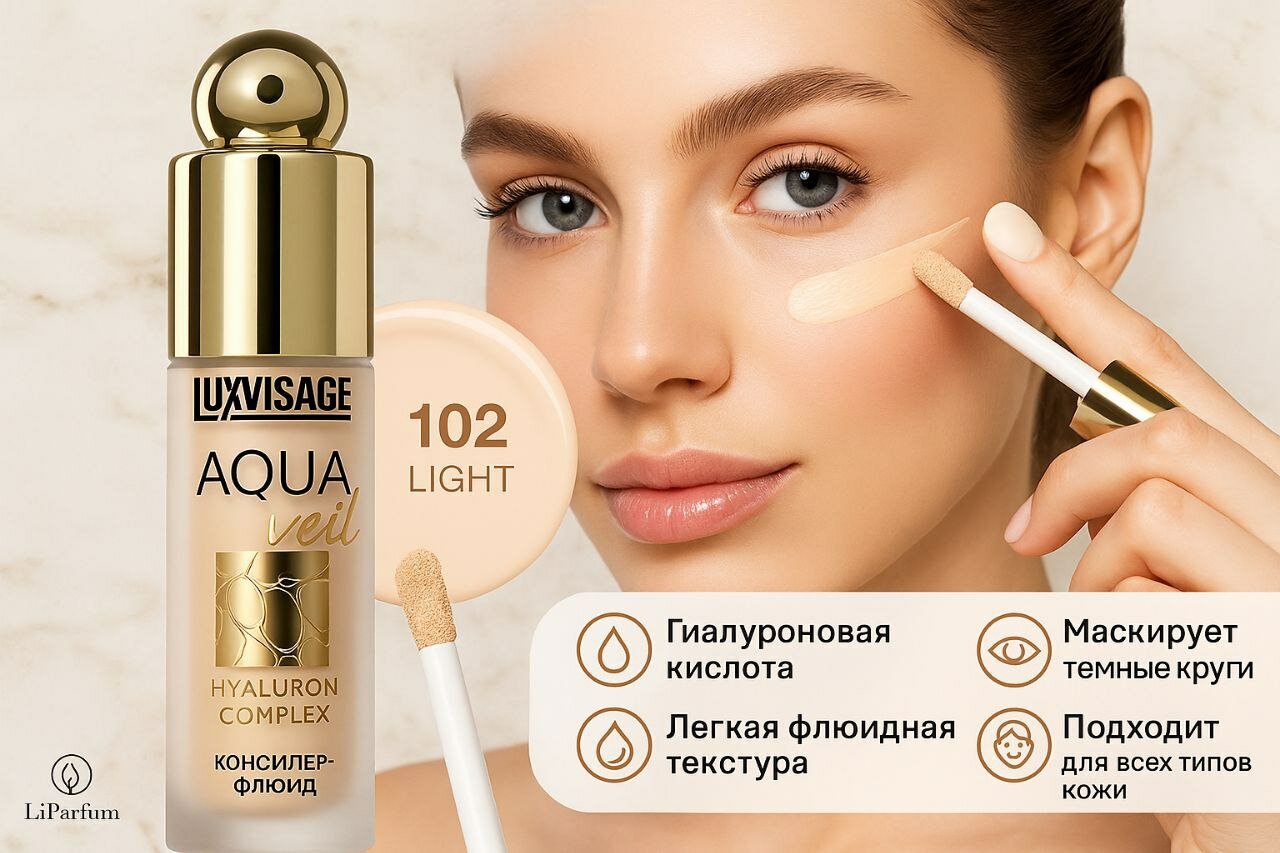 Консилер Luxvisage "Aqua Veil", тон 102, с гиалуроновой кислотой, увлажнение