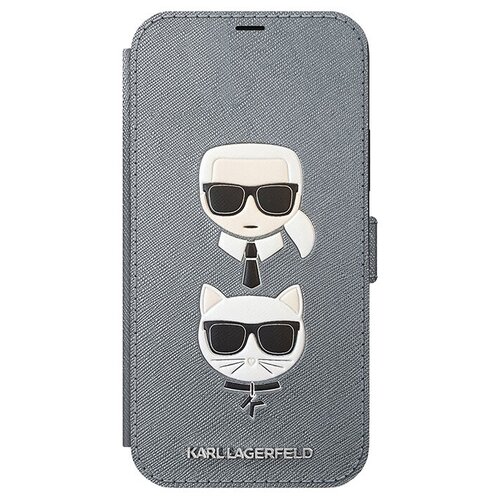 фото Чехол-книжка для iphone 12/12 pro karl lagerfeld pu saffiano karl and choupette booktype, серебристый (klflbkp12msakickcsl)