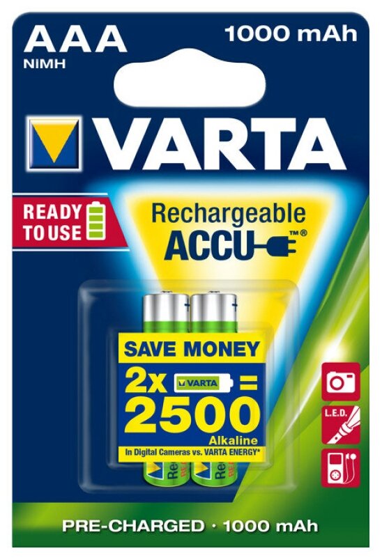 Аккумулятор ААА Varta HR03-2BL 1000мА/ч Ni-Mh Accu Ready2Use в блистере 2шт.