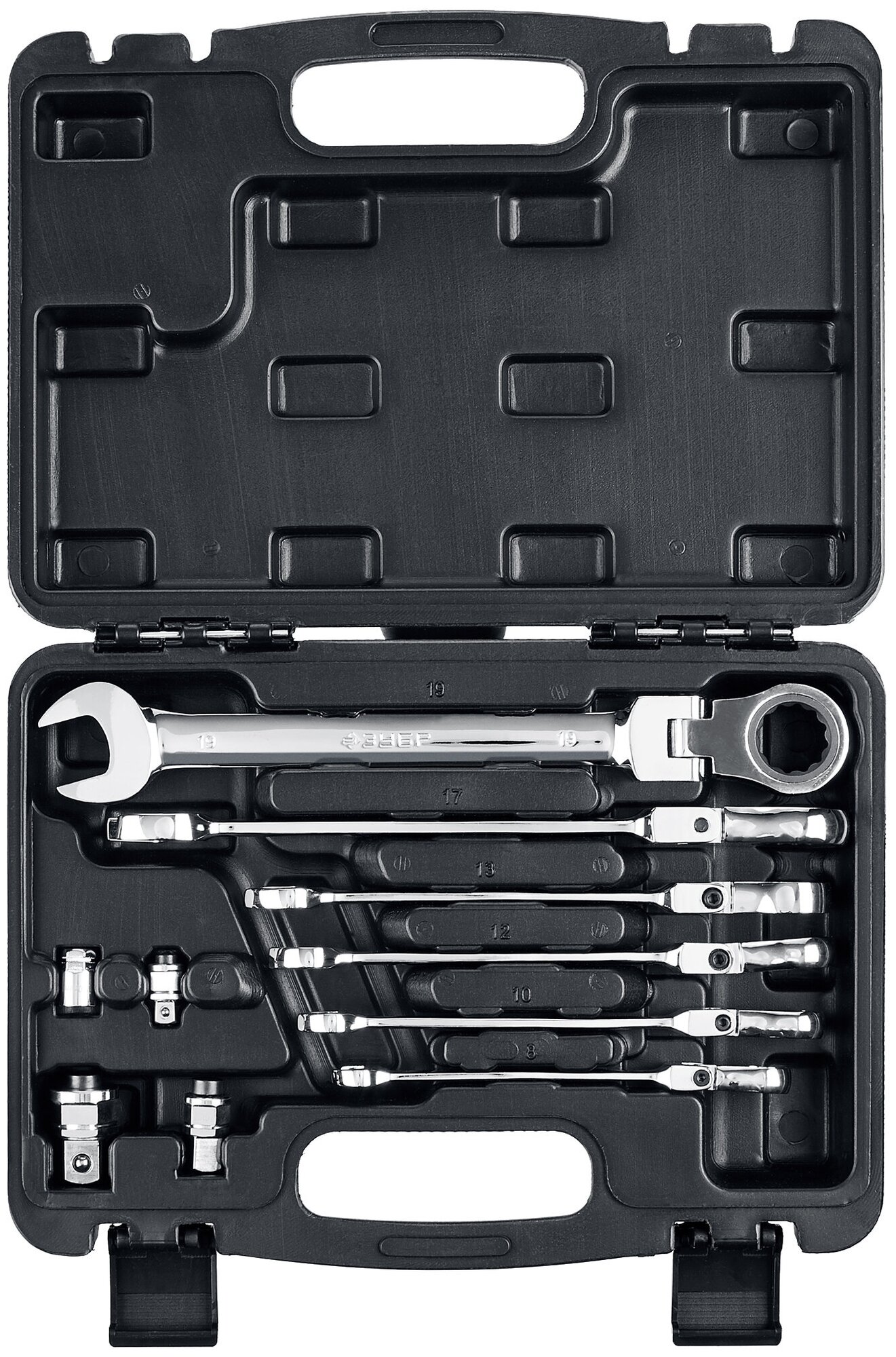 Набор комбинированных гаечных ключей трещоточных шарнирных с адаптерами, 10 шт, 8 - 19 мм, ЗУБР