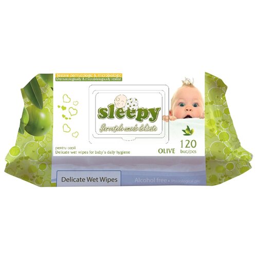 Влажные гигиенические салфетки детские с пластиковым клапаном 120 шт Sleepy Olive