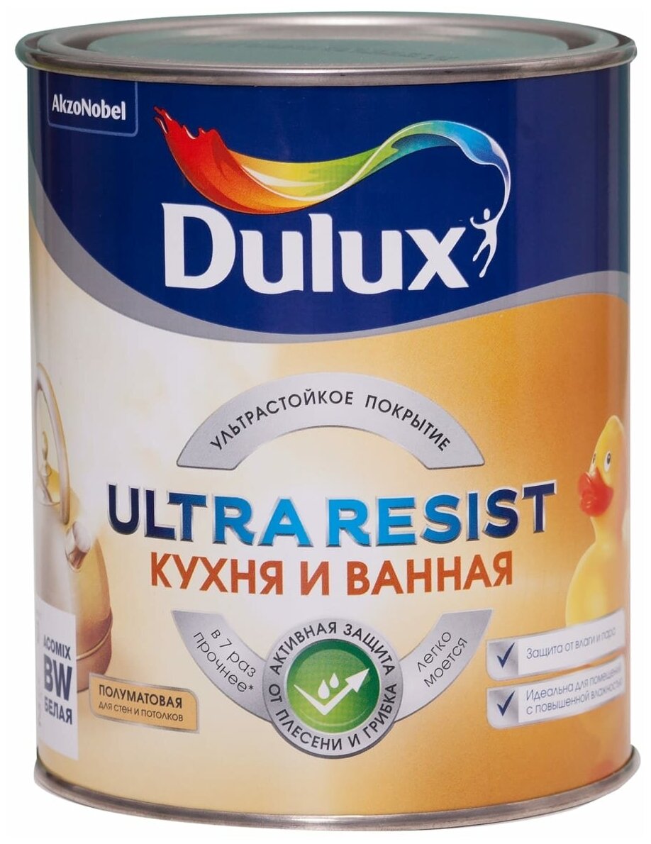Краска для стен и потолков Dulux Ultra Resist Кухня и Ванная база BW белая, полуматовая (1л)