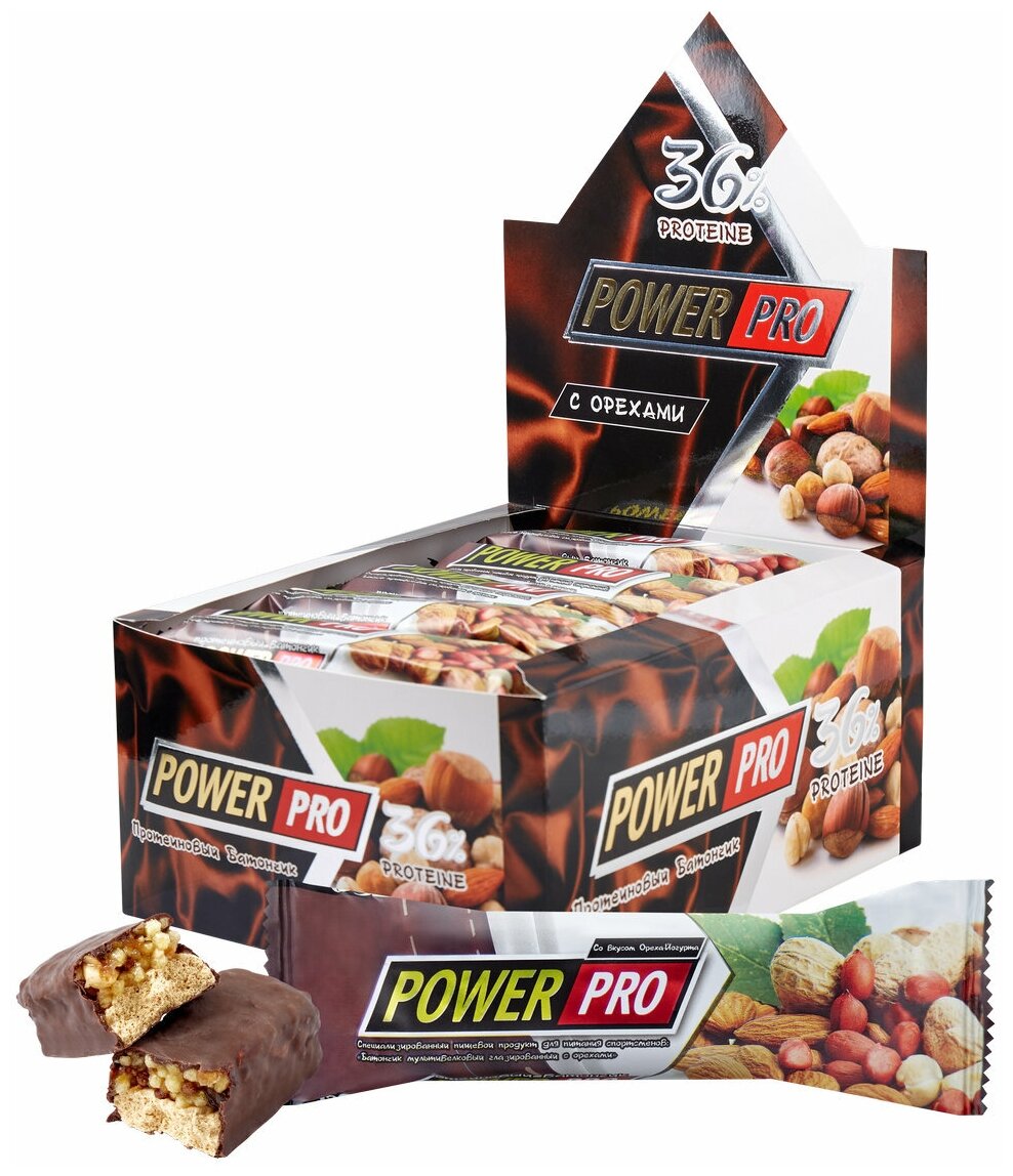 Протеиновый батончик POWER PRO с орехами, орех-йогурт, 60г (х20)