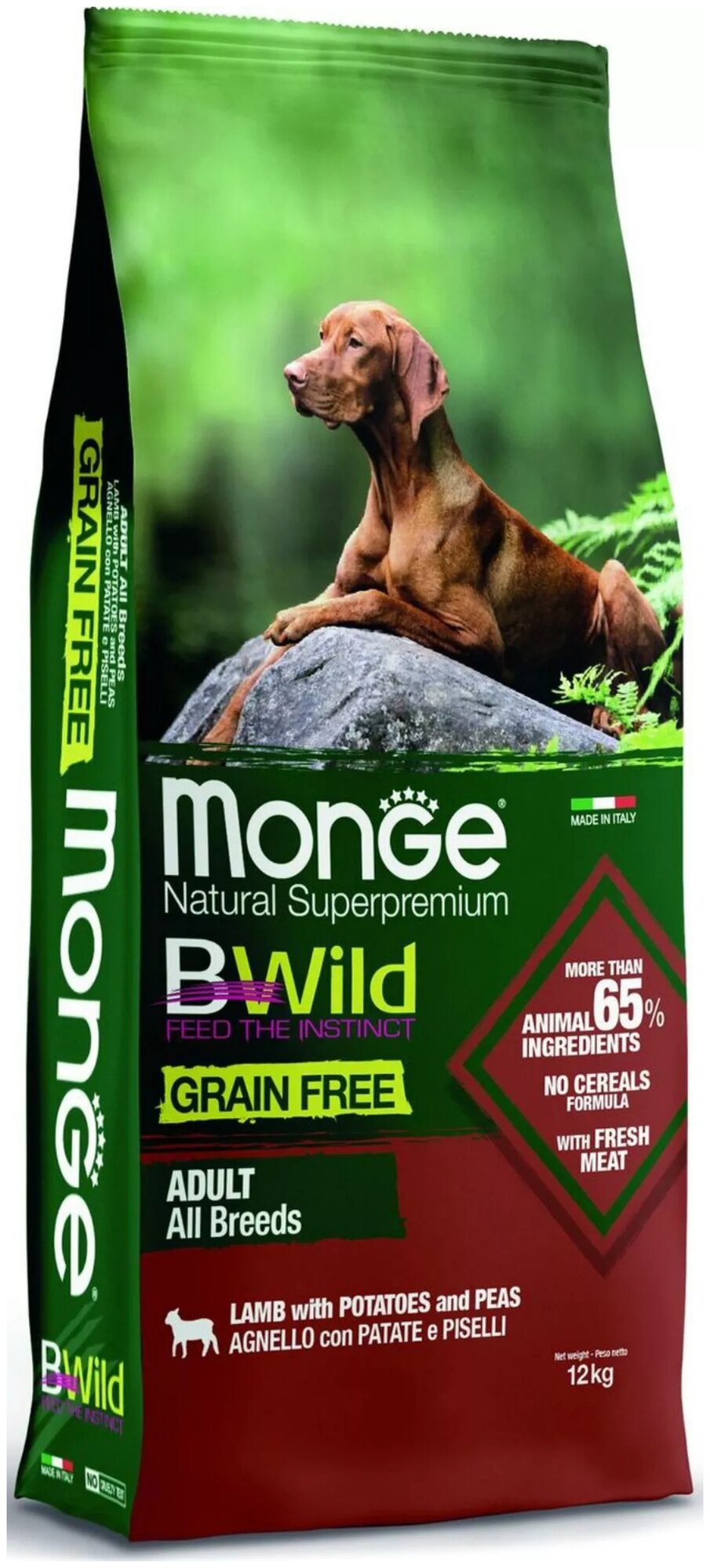 Monge Dog BWild GRAIN FREE беззерновой корм из мяса ягненка с картофелем и горохом для взрослых собак всех пород