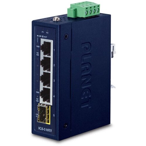 Коммутатор/ PLANET IGS-510TF IP30 Compact size 4-Port 10/100/1000T + 1-Port 100/1000X SFP Gigabit Ethernet Switch (-40~75 degrees C, dual 9~48V DC/24V planet ip30 5 port gigabit switch with 4 port 802 3at poe 40 to 75 c