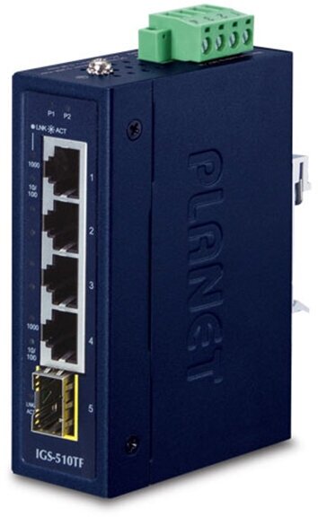 Коммутатор/ PLANET IGS-510TF IP30 Compact size 4-Port 10/100/1000T + 1-Port 100/1000X SFP Gigabit Ethernet Switch (-40~75 degrees C, dual 9~48V DC/24V