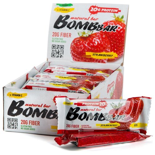 Протеиновый батончик BOMBBAR Natural Bar, 1200 г, 1200 мл, клубника вафли bombbar natural bar 1200 г тирамису