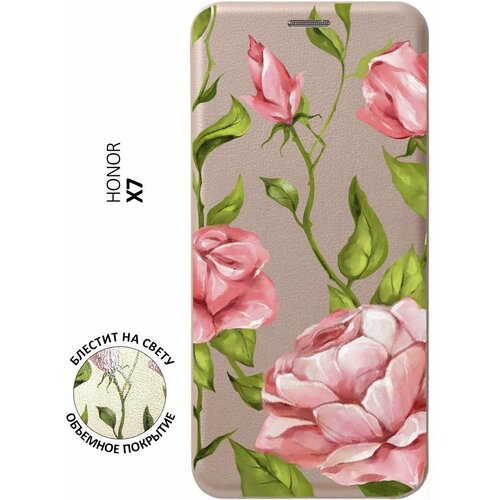 Чехол-книжка на Honor X7, Хонор Х7 с 3D принтом Amazing Roses золотой матовый soft touch силиконовый чехол на honor x7 хонор х7 с 3d принтом amazing roses черный