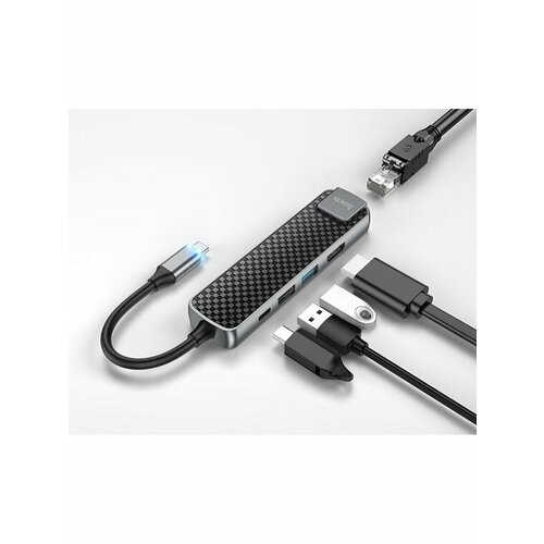 Переходник Hoco HB23 TypeC multifunction adapter адаптер type c на hdmi usb 3 0 2 type c 2 sd tf для macbook серебро