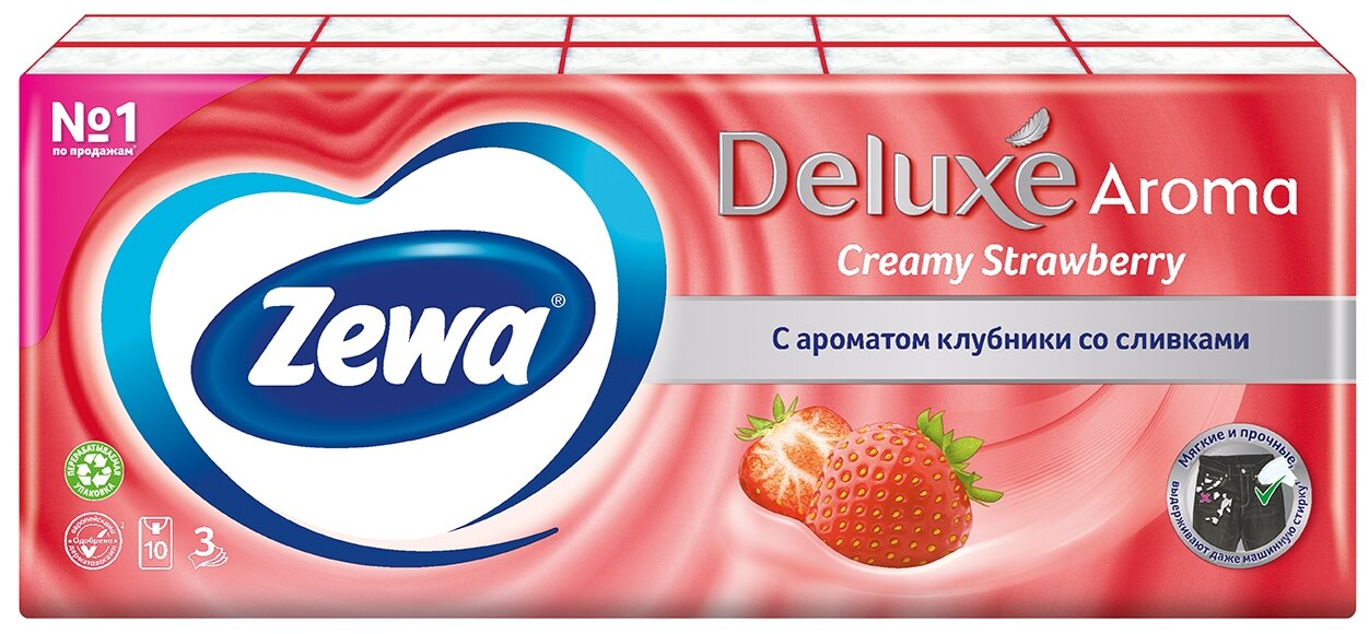 Платочки носовые ZEWA Deluxe 10*10шт 3 слоя Клубника цена за спайку - фотография № 2