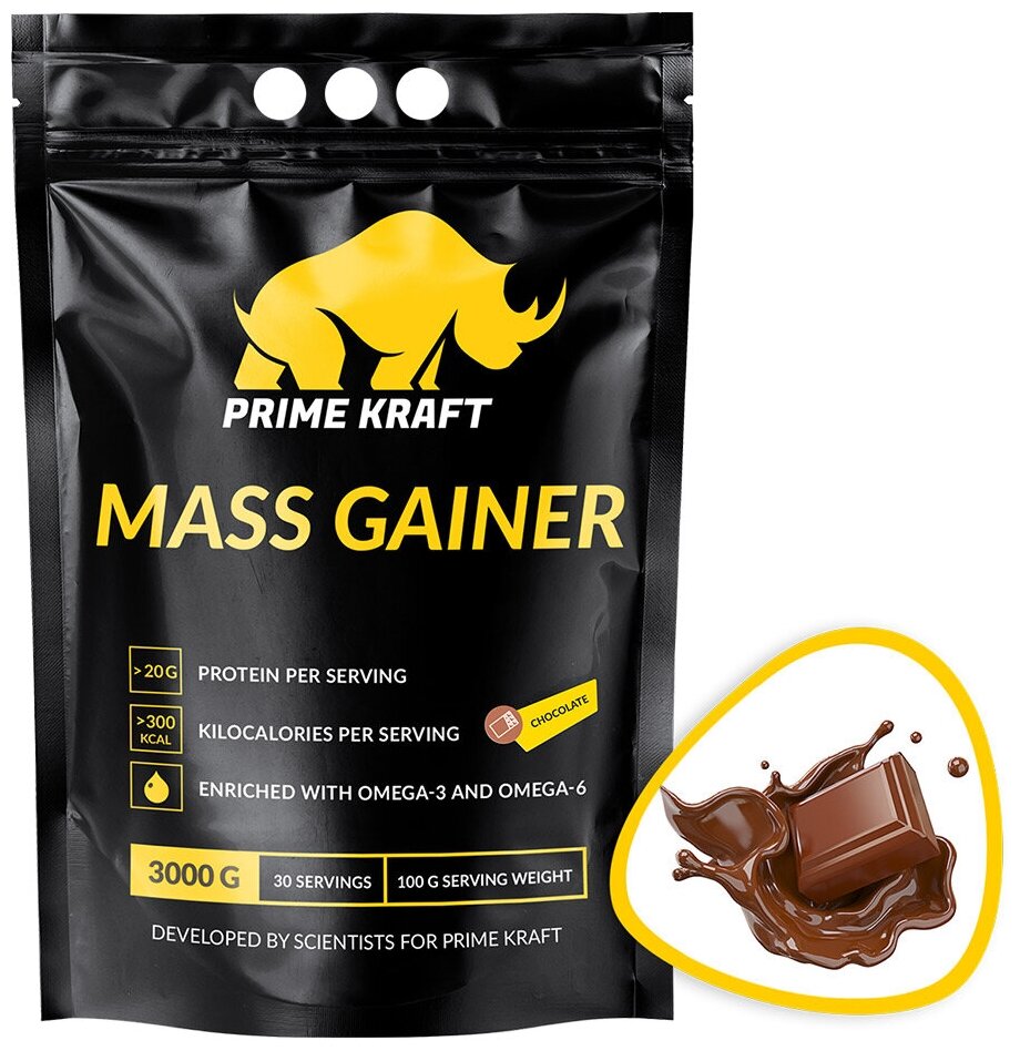 Гейнеры высокоуглеводные, Prime Kraft, Mass Gainer Банка, 3000 г, Шоколад