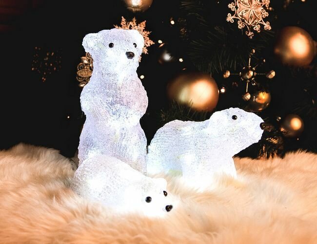 Светящиеся акриловые фигурки полярное семейство, 3 шт, белые, 40 холодных белых LED-огней, 26 см, таймер, батарейки, уличные, Kaemingk (Lumineo) 491082
