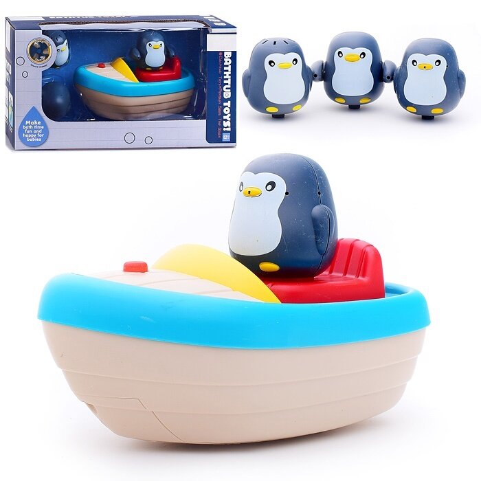 Игрушка для купания Oubaoloon Лодка с пингвинчиками, на батарейках, стреляет водой (368-8B)