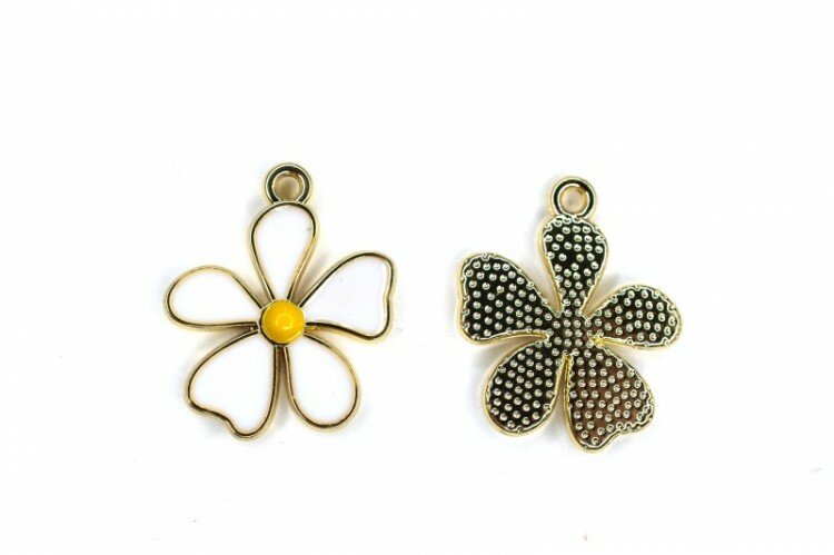 Подвеска Цветок 20х17х2мм, отверстие 1,6мм, цвет золото/белый, сплав металлов/эмаль, 22-088, 1шт