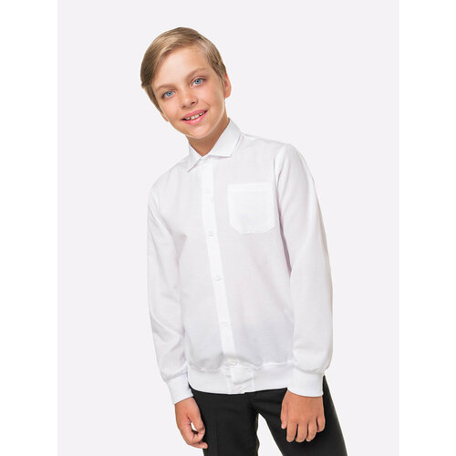 фото Школьная рубашка happyfox, прямой силуэт, на пуговицах, длинный рукав, однотонная, размер 134, белый