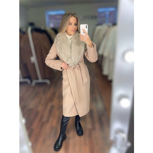 Пальто  зимнее, силуэт прилегающий, удлиненное, размер 50, бежевый