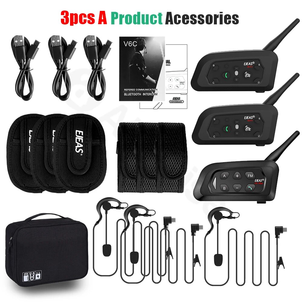 EJEAS V4C PLUS + 2 шт. V6C PRO + 3 пользователя, гарнитура для внутренней связи футбольного судьи, дуплексная Bluetooth-гарнитура, 1200 м, интерком для футбольной конференции, Черный