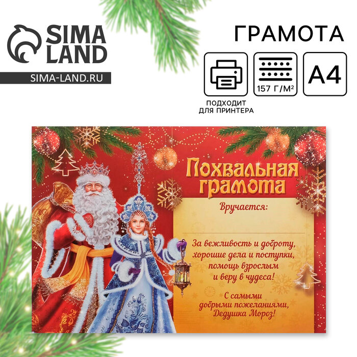 Грамота А4 новогодняя «От Деда Мороза» на Новый год