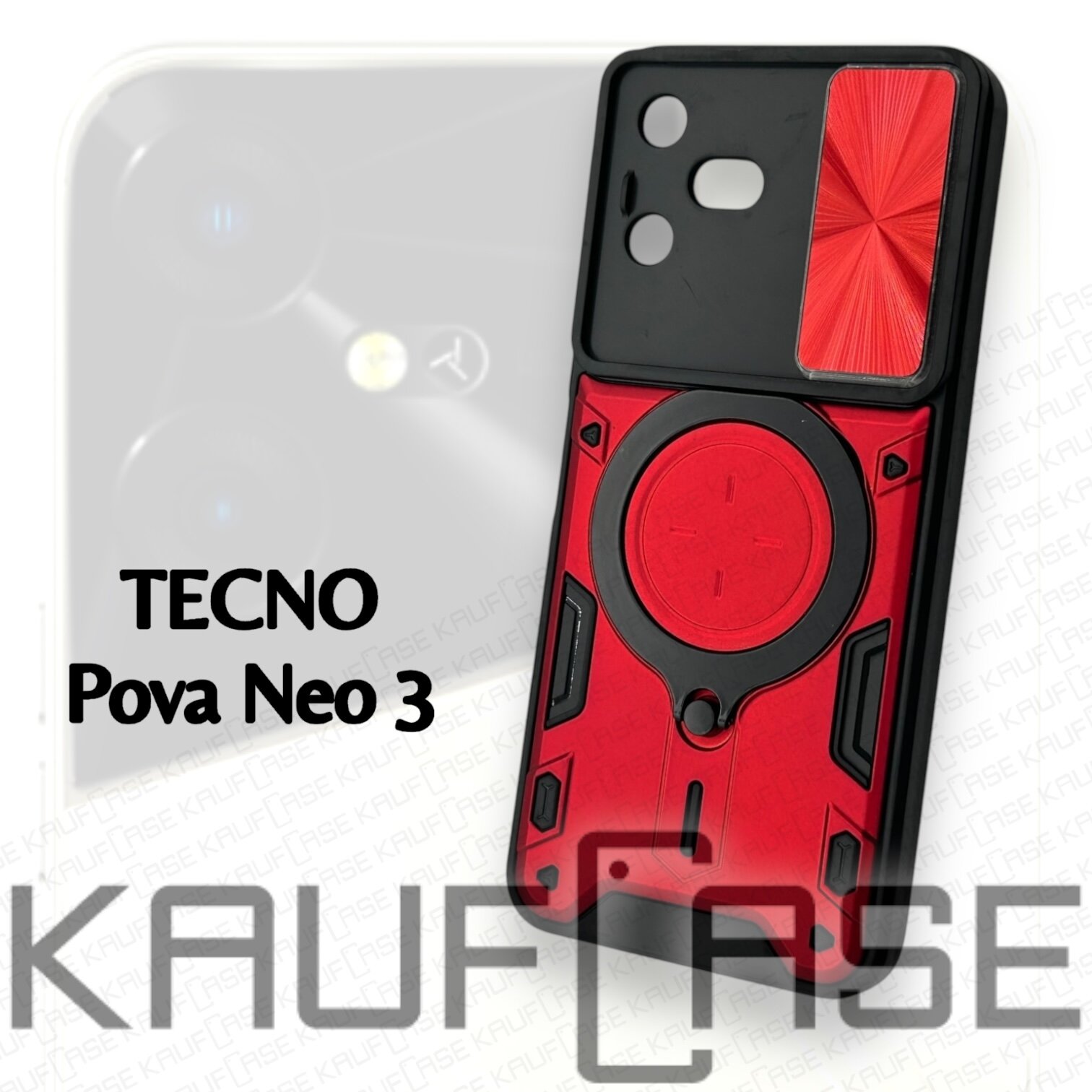 Противоударный чехол на Tecno Pova Neo 3 (LH6n) (6.82"), красный. Кольцо-держатель и магнитное крепление, яркие пластиковые защитные вставки